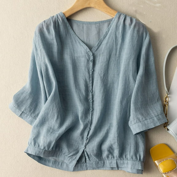 HADST 3/4 Sleeve Women's Tops and Blouses - V Neck Cotton Linen Blouse Breathable Solid Womens Tunic Tops