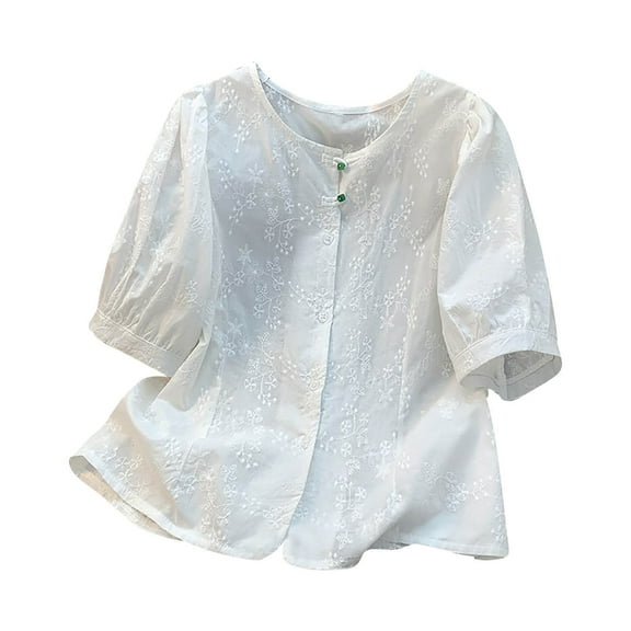 HADST Cotton Linen Shirts for Women Summer Embroidered Short Sleeve Plus Size Relaxed Fit Casual Blouses Top M-XXL