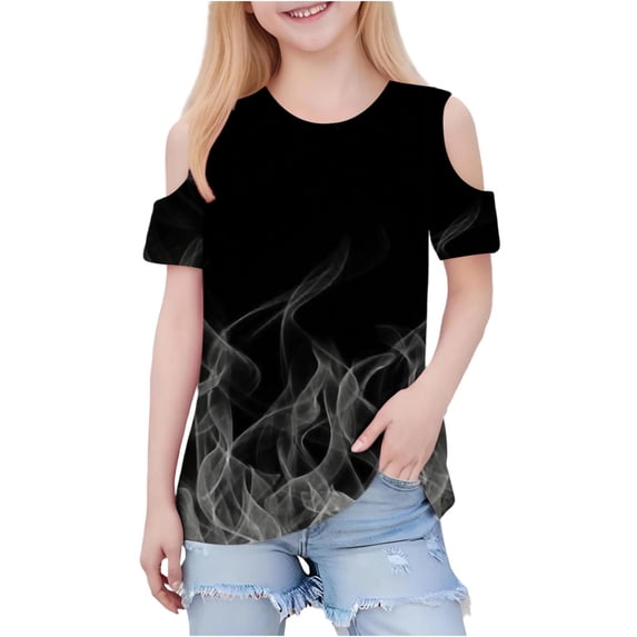 HADST Girls' Print Cold Shoulder T-Shirts, Short Sleeve Crew Neck Casual Tops, Trendy Summer Tees for Daily Wear