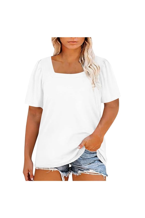 Plus Size Square Neck T Shirts for Women Puff Short Sleeve Loose Fit Tunic Tops Soft Comfy Summer Blouse for Daily Wear