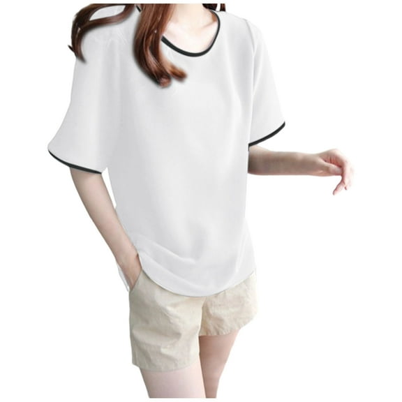 HADST Shirts for Women Casual Short Sleeve Summer Plus Size Solid Color Crew Neck Loose Blouses Top M-XXL