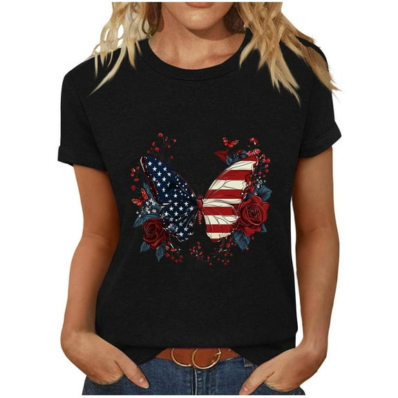 HADST Short Sleeve T-Shirts for Womens Fashion Relaxed Fit Fourth of July Print Plus Size Summer Blouses Top S-3XL