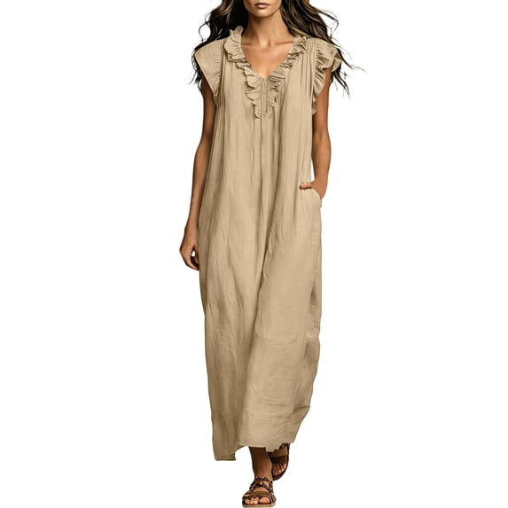 HADST Sleeveless V-neck Ruffle Maxi Dress with Loose Ruffle Cap Sleeves and Side-Seam Pockets