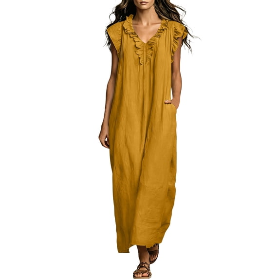 HADST Sleeveless V-neck Ruffle Maxi Dress with Loose Ruffle Cap Sleeves and Side-Seam Pockets