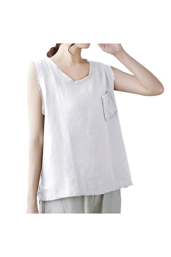 Tank Top for Women Loose Summer Sleeveless Retro Breathable Cotton Linen Crew Neck Comfort Loungewear Shirts M-XXL