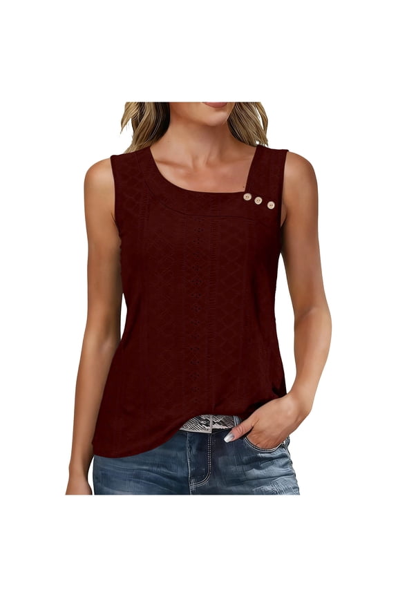 Tank Tops for Women Elegant Dressy Eyelet Camisole Square Neck Button Tunic Shirts Sleeveless for Going Out
