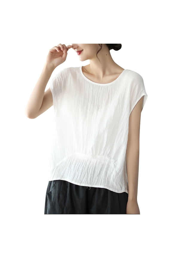 Tops for Womens Crew Neck Short Sleeve Summer Relaxed Fit Plus Size T-Shirts Solid Color Retro Blouses M-3XL