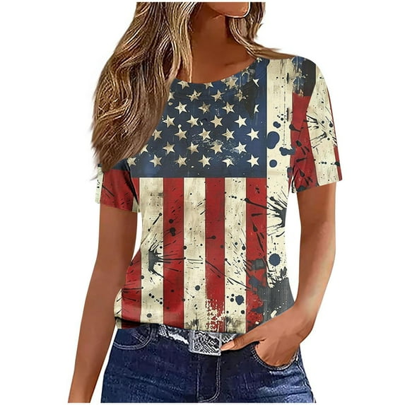 HADST Women Tops Plus Size T-Shirts Crew Neck Relaxed Fit Summer Short Sleeve Casual Fourth of July Print Blouses S-5XL