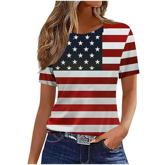 HADST Women Tops Relaxed Fit Plus Size T-Shirts Summer Casual Short Sleeve Crew Neck Fourth of July Print Blouses S-5XL