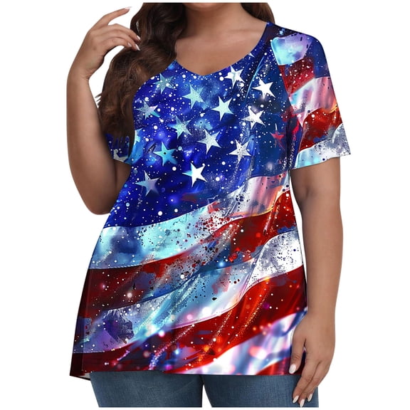 HADST Women Tops Short Sleeve Fourth of July Print T-Shirts Summer Plus Size Relaxed Fit Fashion Blouses XL-5XL