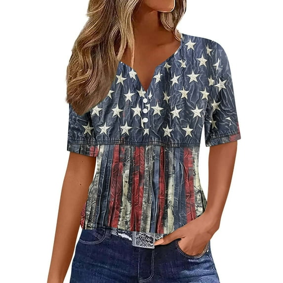 HADST Women V-Neck T-Shirts Short Sleeve Casual Blouses Fourth of July Print Plus Size Summer Top S-3XL