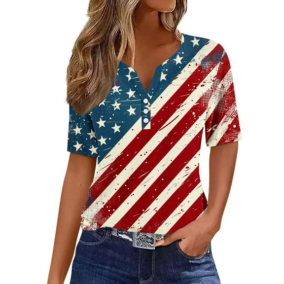 HADST Women V-Neck T-Shirts Short Sleeve Casual Blouses Plus Size Fourth of July Print Summer Top S-3XL