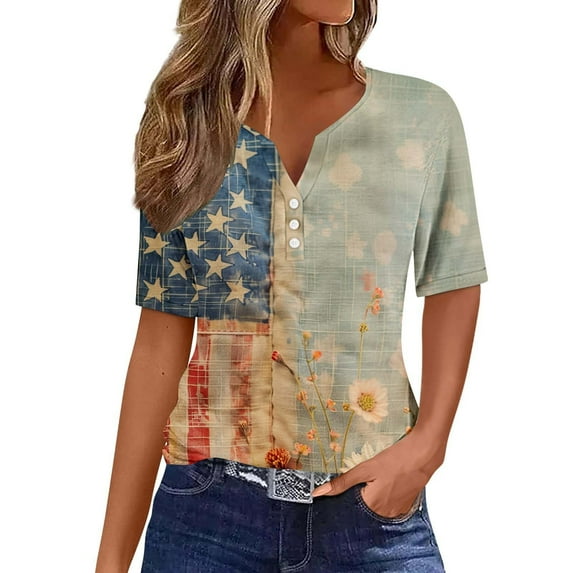 HADST Women V-Neck T-Shirts Short Sleeve Casual Plus Size Summer Blouses Fourth of July Print Top S-3XL