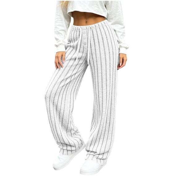 HADST Women Vertical Ribbed Knit High Waist Wide Leg Pants Drawstring & Decorative Front Buttons Loose Casual Straight Trousers