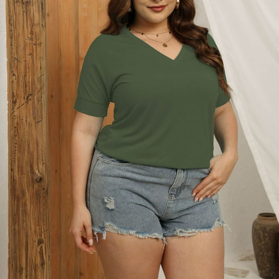 HADST Women's 3/4 Sleeve Summer Tops - Plus Size V Neck Shirts Casual Siold Black Crop Tops for Women