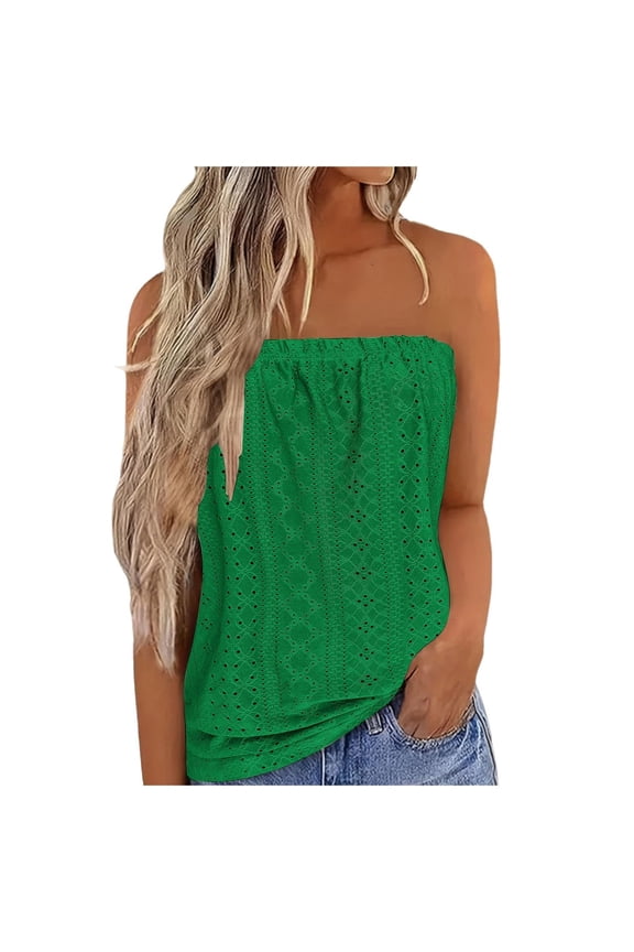 Women's Boho Eyelet Strapless Top Lightweight Flowy Textured Breathable Shirt Relaxed Fit Blouse for Summer Style