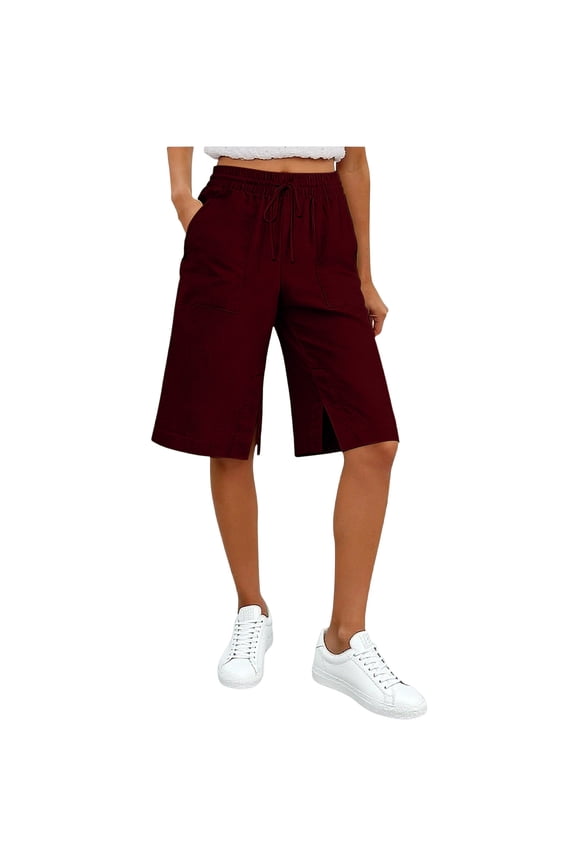 Women's Button Closure High Waisted Knee Shorts Side Slit Cotton Linen Bottoms with Side Pockets, Loose Fit for Summer
