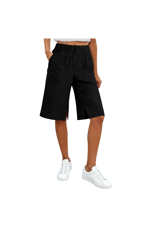 Women's Button Closure High Waisted Knee Shorts Side Slit Cotton Linen Bottoms with Side Pockets, Loose Fit for Summer