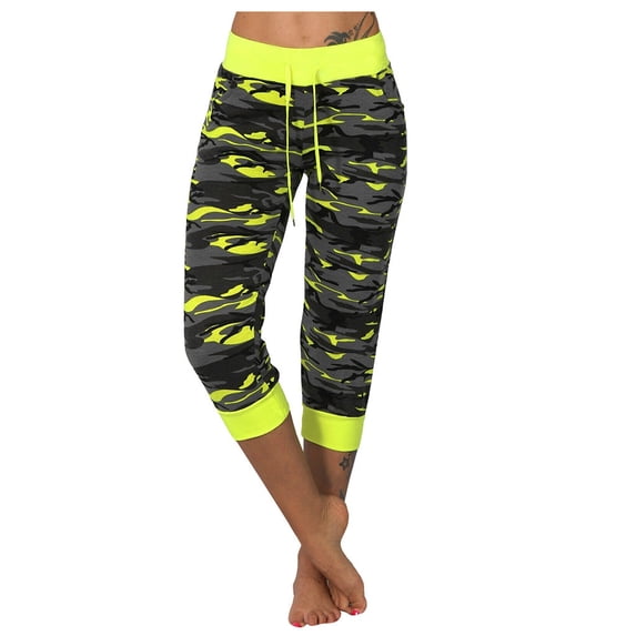 HADST Women's Camouflage Print Capri Joggers Drawstring Elastic Waist Contrast Cuff Capri Pants Stretch Pants for Workout