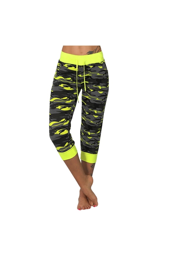 Women's Camouflage Print Capri Joggers Drawstring Elastic Waist Contrast Cuff Capri Pants Stretch Pants for Workout