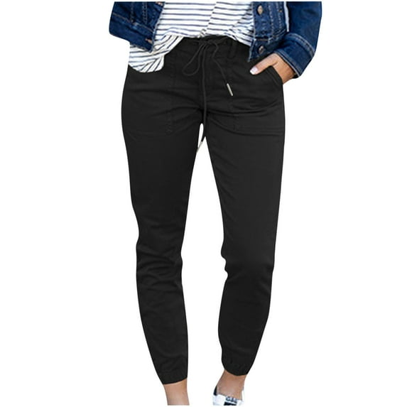 HADST Women's Casual Drawstring Jogger Pants Elastic Waist Tapered Cuffed Trousers with Pockets, Solid Color Stretch Pants