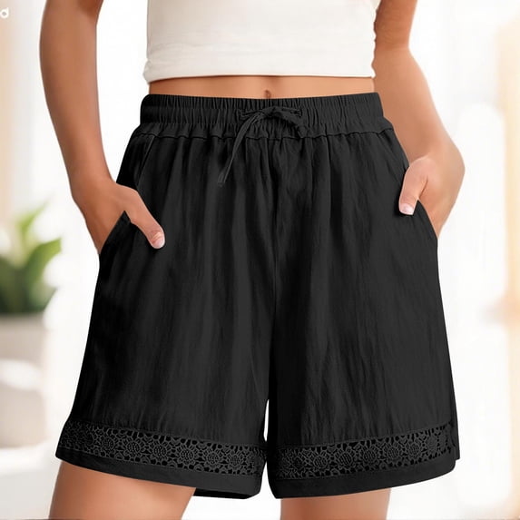 HADST Women's Casual Linen Blend Shorts, Summer Shorts with Lace Trim and Drawstring Waist, Soft Lightweight Bottoms for Daily