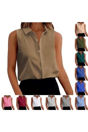Women's Collared Sleeveless Blouse, Loose Fit with Button Front Closure Top, Solid Color Blouse for Office Wear