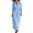 thumbnail image 1 of HADST Women's Collared V-Neck Puffed-Sleeve Maxi Dress, 3/4 Sleeves High-Waisted Pleated A-Line, 1 of 7