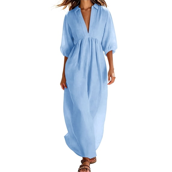 HADST Women's Collared V-Neck Puffed-Sleeve Maxi Dress, 3/4 Sleeves High-Waisted Pleated A-Line