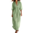 thumbnail image 1 of HADST Women's Collared V-Neck Puffed-Sleeve Maxi Dress, 3/4 Sleeves High-Waisted Pleated A-Line, 1 of 7