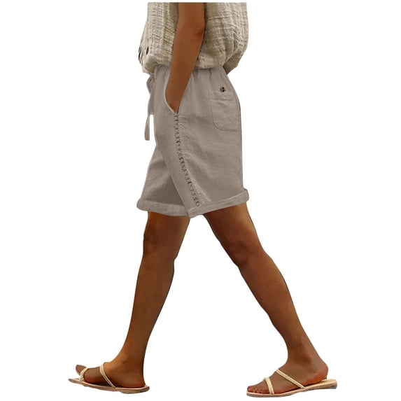 HADST Women's Cotton Linen Drawstring Shorts High Waisted Rolled Cuff Lace Trim Pocket Shorts Oversize for Summer