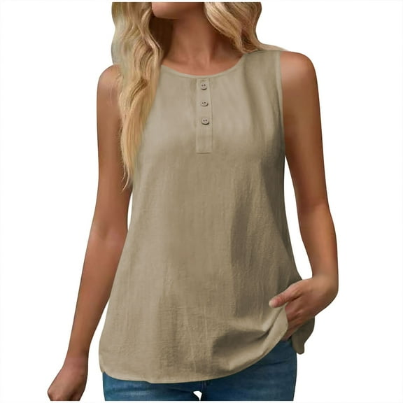 HADST Women's Cotton Linen Tank Tops - Sleeveless Summer Solid Crew Neck T-Shirts Breathable Lightweight, Sizes S-XXL