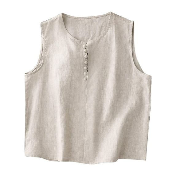 HADST Women's Crew Neck Vest Tank Top Cotton Linen Sleeveless Shirt Summer Button-Down Camisole