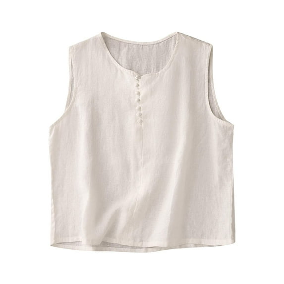 HADST Women's Crew Neck Vest Tank Top Cotton Linen Sleeveless Shirt Summer Button-Down Camisole
