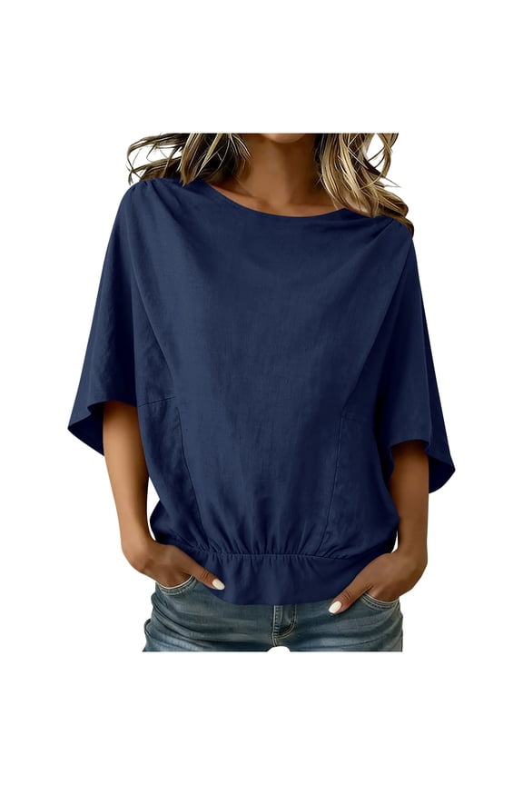 Women's Dolman Sleeve Cotton Linen Blouse Crew Neck Elastic Hem Shirt Loose Fit Lightweight Top for Everyday Wear