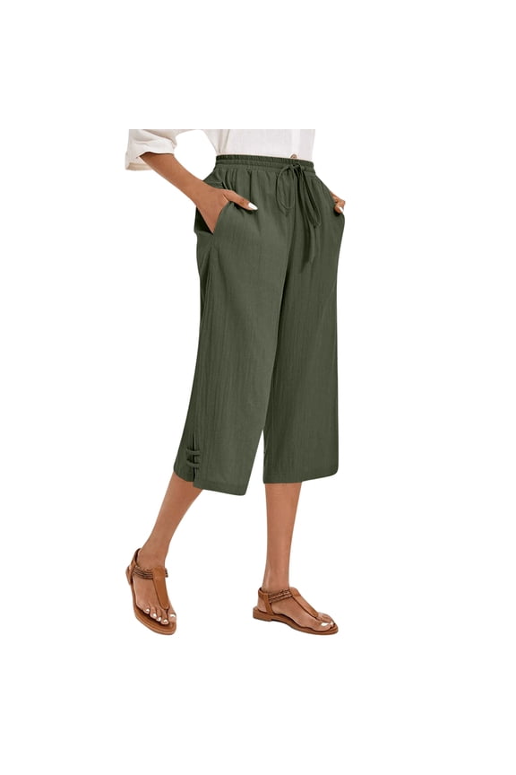Women's Drawstring Waist Cotton Capri Pants with Knot Detail High Waist Lightweight Loose Fit Trousers for Everyday