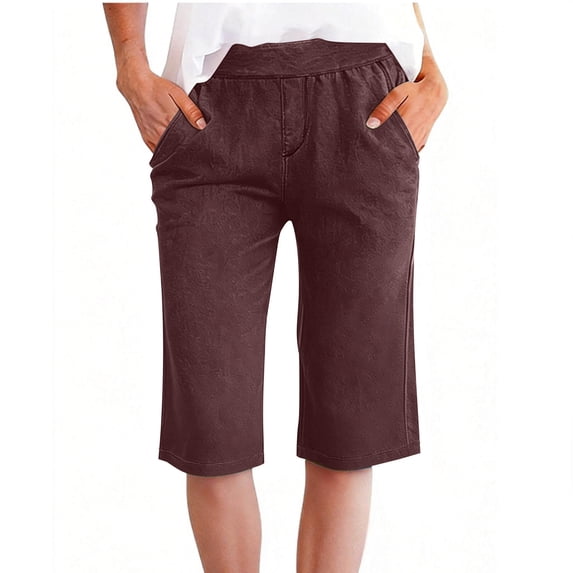 HADST Women's Elastic Waist Bermuda Shorts Stretchy Denim-like Trousers with Side Pockets Loose Fit for Casual & Summer