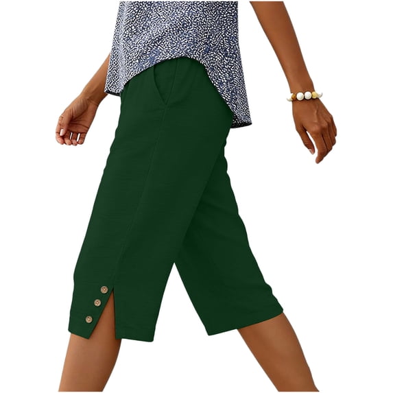 HADST Women's Elastic Waist Capri Pants Button Split Hem Side Pockets Straight Leg Trousers for Summer & Loungewear