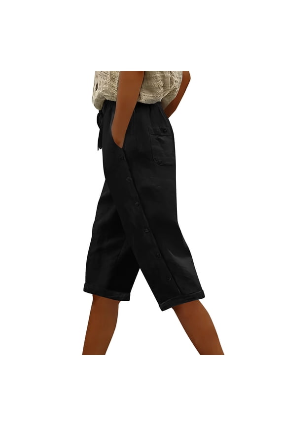 Women's Elastic Waist Drawstring Capri Pants Side Button Detail Patch Pockets Rolled Cuff Trousers for Summer Office Wear