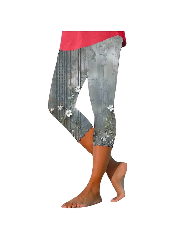 Women's Floral Print Capri Leggings Stretchy Soft Fabric with Scalloped Hem, High Waisted Pants for Yoga, Beach