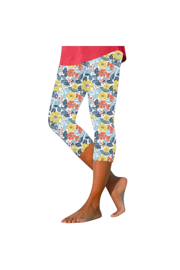 Women's Floral Print Capri Leggings Stretchy Soft Fabric with Scalloped Hem, High Waisted Pants for Yoga, Beach
