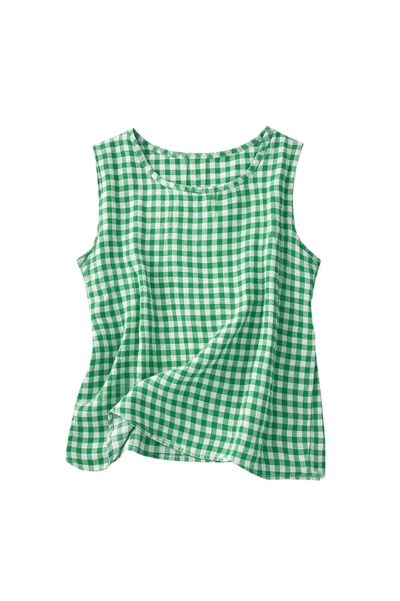 Women's Gingham Print Sleeveless Tank Top Crew Neck Loose Fit Camisole Causal Lightweight Blouse for Summer Loungewear