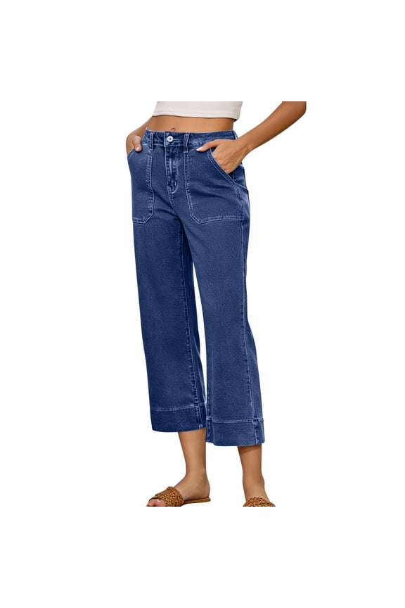 Women's High-Waisted Button Closure Stretch Denim with Curved Seam Detail Wide Leg Cropped Trousers for Everyday Wear