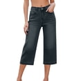 thumbnail image 1 of HADST Women's High-Waisted Button Closure Stretch Denim with Curved Seam Detail Wide Leg Cropped Trousers for Everyday Wear, 1 of 7
