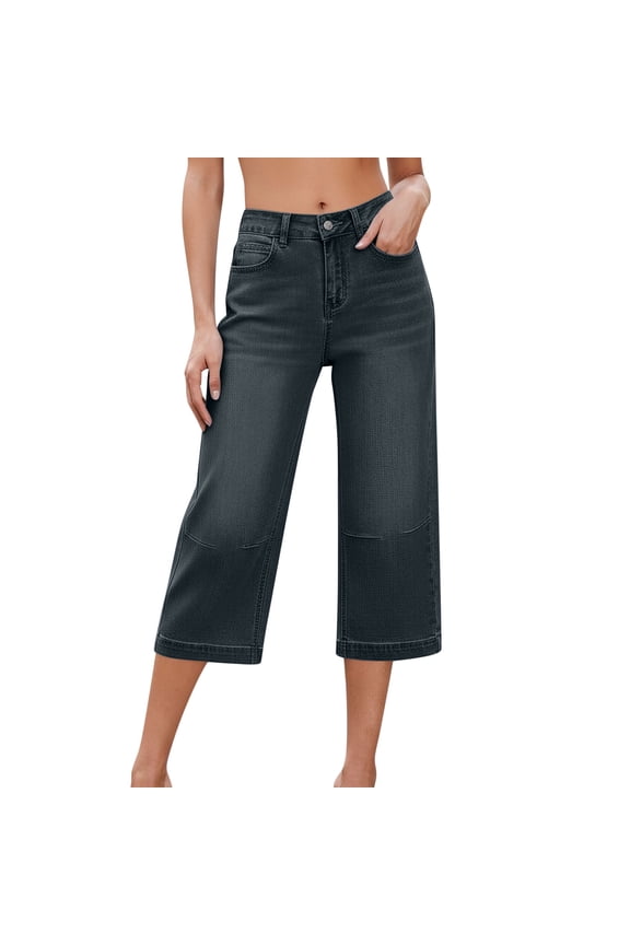 Women's High-Waisted Button Closure Stretch Denim with Curved Seam Detail Wide Leg Cropped Trousers for Everyday Wear