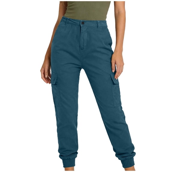 HADST Women's High-Waisted Cargo Jogger Pants with Button Closure Durable Twill Tapered Trousers with Side Pockets for Casual