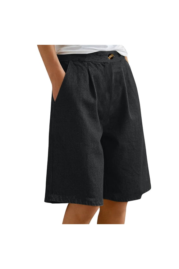 Women's High Waisted Denim Bermuda Shorts Pleated Shorts with Side Pockets, Loose Fit for Casual Summer