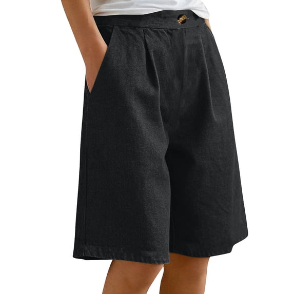 HADST Women's High Waisted Denim Bermuda Shorts Pleated Shorts with Side Pockets, Loose Fit for Casual Summer