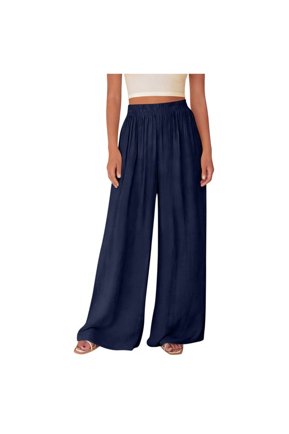 Women's High-Waisted Flowy Wide Leg Pants with Pleated Detail Elastic Waist Loose Fit Trousers for Beach & Vacation