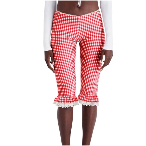 HADST Women's High Waisted Gingham Capris, Slim Fit Plaid Capri Pants with Lace Trim, Cute Casual Bottoms for Daily Wear